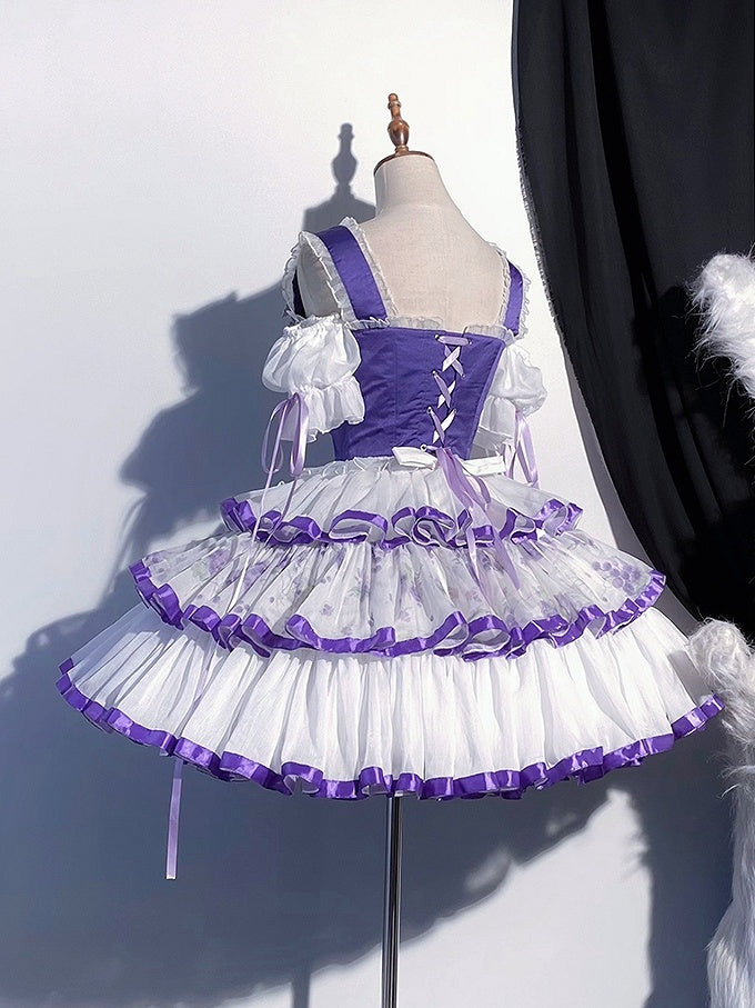 Outfit Bavaria - Weiß-Lila Oktoberfest-Korsett-Set, Traubenstickerei, Schürzenrock + Stufen-Lolita-Oberteil