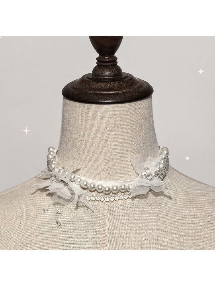 Pearl Necklace with Bow Accents in White Black - Sweet Wood Lolita