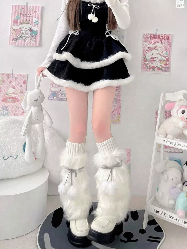 Faux Fur Pompom Ribbon Bow Leg Warmers 3-Color - Two Bear Pink