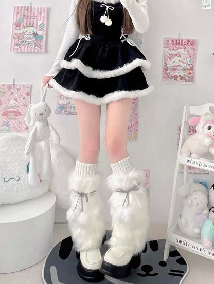 Faux Fur Pompom Ribbon Bow Leg Warmers 3-Color - Two Bear Pink