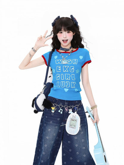 Daily Kawaii Blue Fitted Shoulder T-Shirt with Letter Print