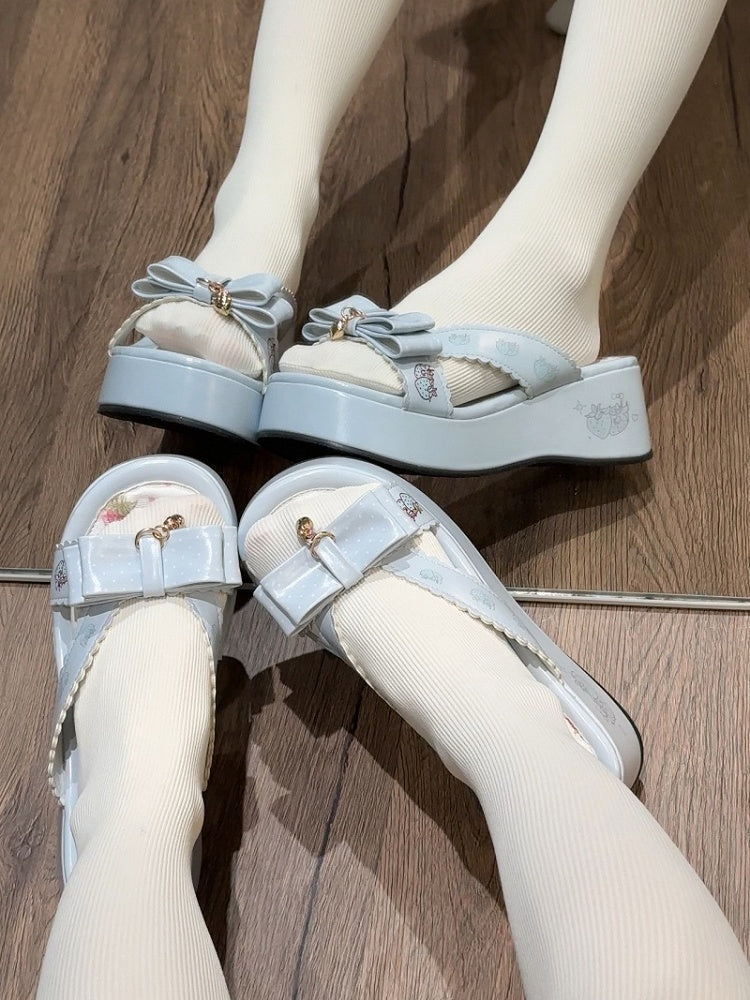 Top at Bow Lolita Slippers Platform Blue Wa Strawberry Print