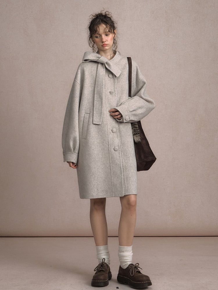 Gray Beige/Dark Vintage-Inspired Long Wool Coat with Front Button Placket and Bow Tie Collar