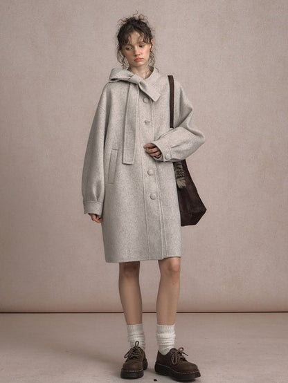 Gray Beige/Dark Vintage-Inspired Long Wool Coat with Front Button Placket and Bow Tie Collar