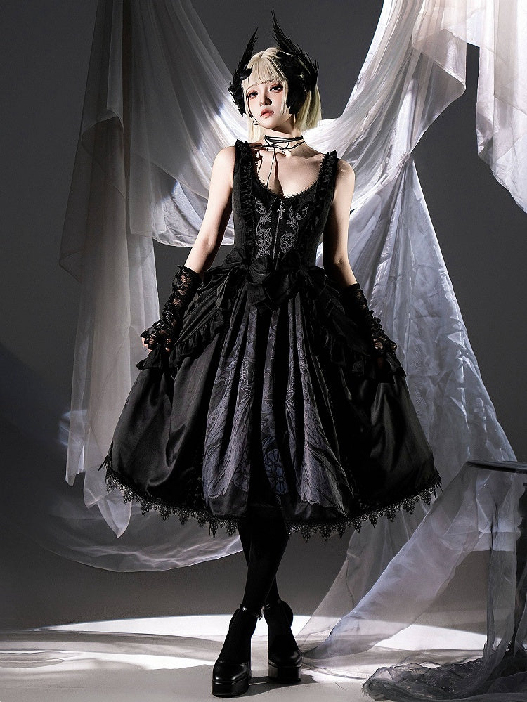 Grim Detachable Reaper and Print Bows Black Dress Waist at Scale Gothic with Lolita