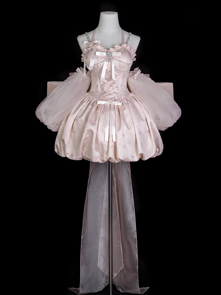 Princess Pink Bow Jacquard Ballet Train Dress + Big Sleeves Lolita Tulle Puff