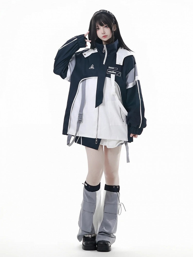 Techwear White and Embroidered | Unisex Blue Jacket Symbols Panels Geometric Asymmetric Futuristic