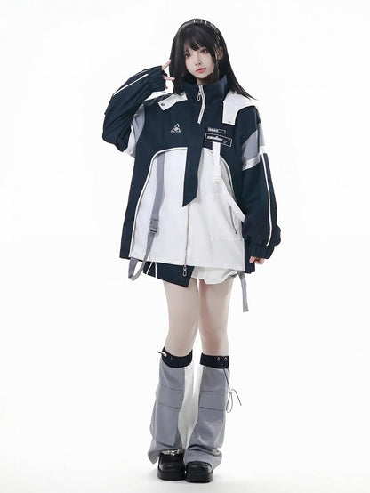 Techwear White and Embroidered | Unisex Blue Jacket Symbols Panels Geometric Asymmetric Futuristic