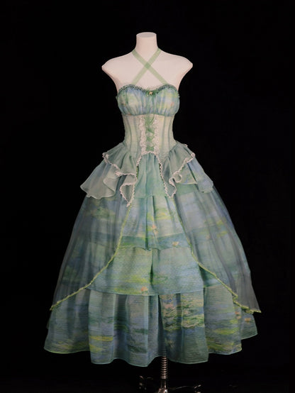 Fairy Oil Stufenvolant Saum Neckholder Korsett Top mit Stäbchen Grün Gemälde Druck