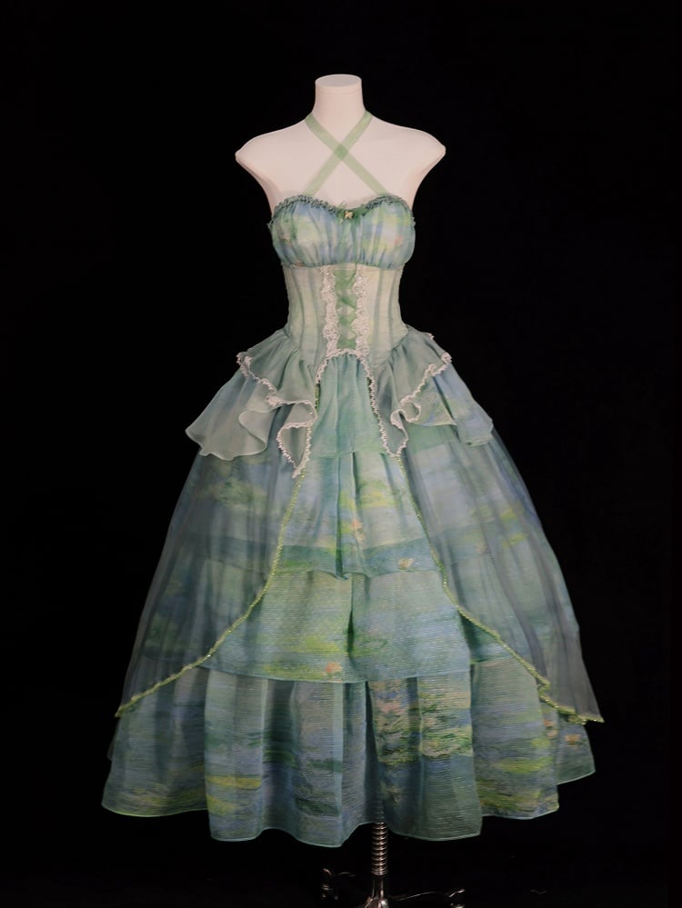 Sky Organza Tiered Skirt Blue/Light Pink/Purple/Green Oil Painting Print