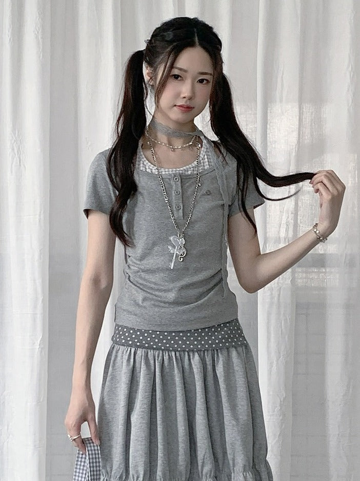 Gray Two-Tone Short Sleeve Top with Plaid Polka Dot - Solkatt