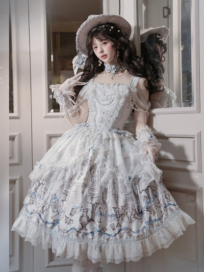 White & Blue Antique Print Elegant Lolita JSK Dress - Meng Fu Zi