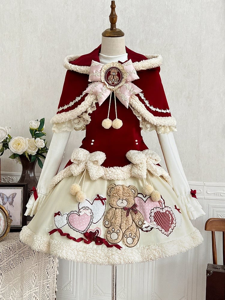Ears Red Knitted Cape Skirt JSK - Sweet Lolita Dress Winter + Bunny Set Bear-Themed Top Short White