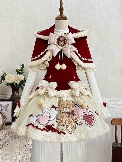 Ears Red Knitted Cape Skirt JSK - Sweet Lolita Dress Winter + Bunny Set Bear-Themed Top Short White