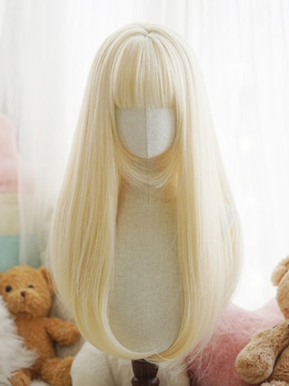 Schwarz/Weiß/Hellblond/Blond/Karamell/Grau Lange, glatte Perücke mit vollem Pony