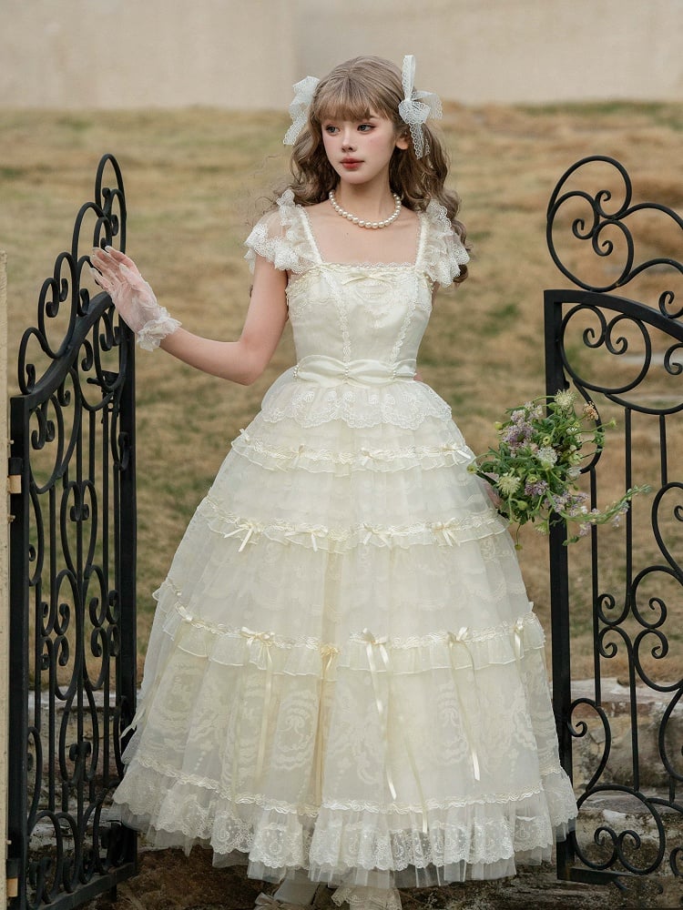 Perlen Schleife Creme Prinzessin Akzente Weiß Ausschnitt Band Kleid Lolita