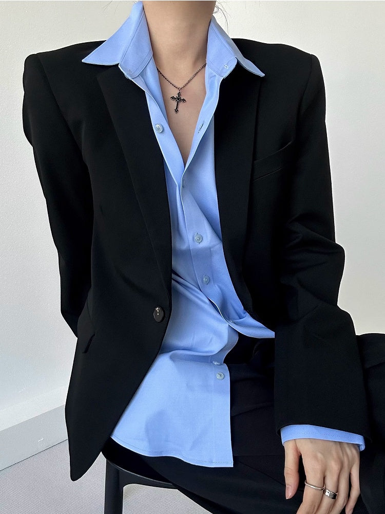 Collar Shirt Sleeve Modal Button Light Ouji Unisex with Lolita Cuffs Blue Long Pointed Flat