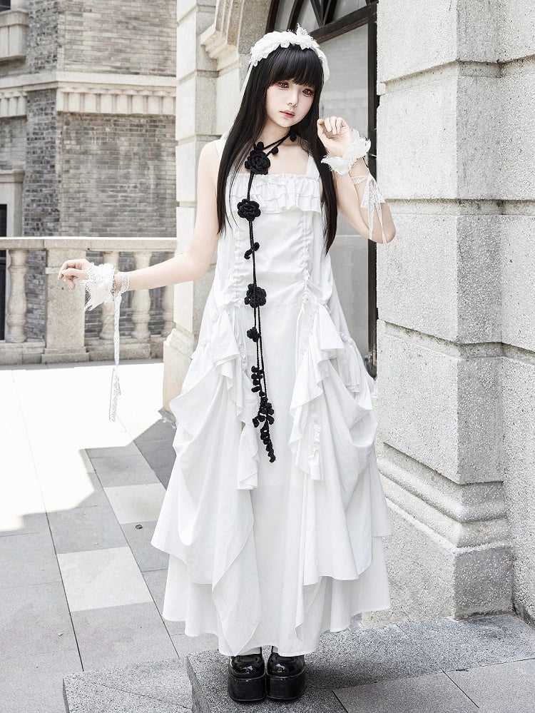 + ドローストリングデザインのネックレス ホワイトゴスフリル ルーズスカーフドレス カスケード