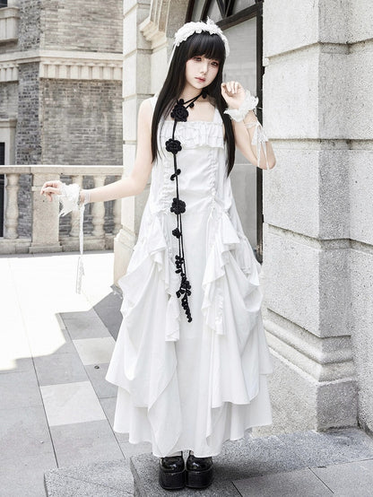 ドレス ルーズ ホワイト ゴス フリル デザイン ドローストリング カスケード