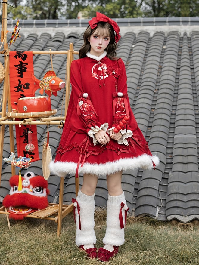 Lolita Plush Neckline Butterfly Orchid and Han White Red with Embroidery Hemline Dress