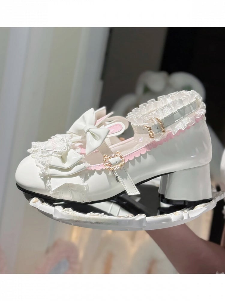 White Sweet Bunny Lolita Shoes with Cat Paw Heel and Heart Bowknot - Sweets Cat