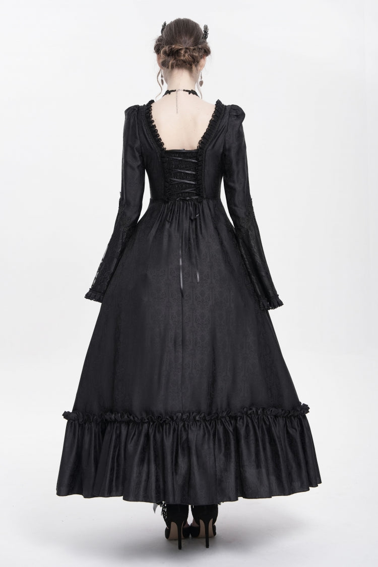 Black Long Sleeve Floral Embroidery Lace-Up Pleated Gothic Dress