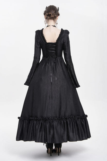 Black Long Sleeve Floral Embroidery Lace-Up Pleated Gothic Dress