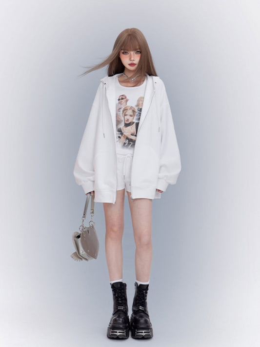 Sports Tank Three-pieces White Set-Zip Top+Shorts Closure Hoodie+Graphic