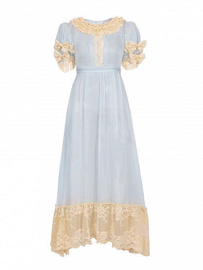 Antique-Inspired Baby Blue Sheer Tulle Dress with Apricot Lace Details - Blood Supply
