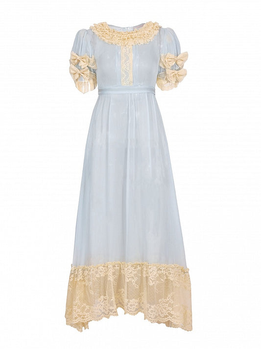 Antique-Inspired Baby Blue Sheer Tulle Dress with Apricot Lace Details - Blood Supply