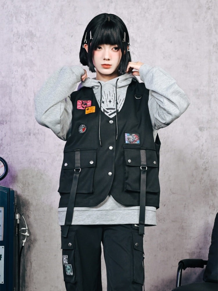 Dark Style Black Cargo Pocket Vest Decorated with Patches - Quirky Hut