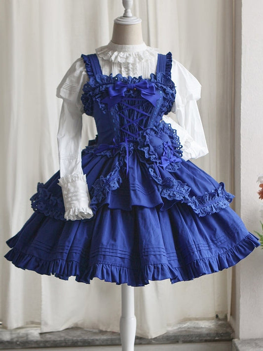 Lolita Bowknots Heart-shaped JSK Decoration Short with and Blue Dress Klein Gothic Version Ruffled