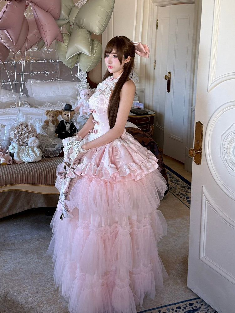 Pink Bow Halter Neck Prom Dress with Tiered Tulle - Diamond Honey