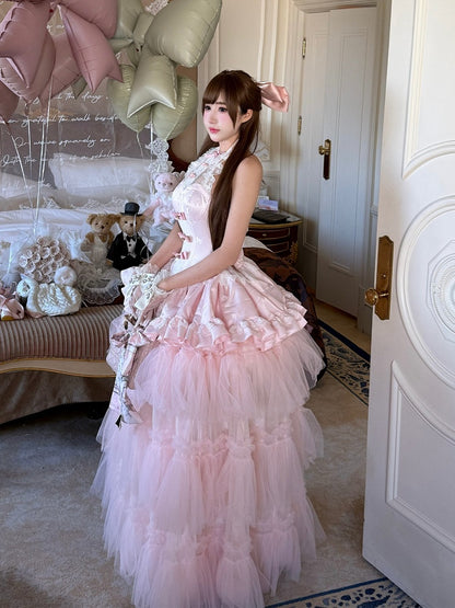 Pink Bow Halter Neck Prom Dress with Tiered Tulle - Diamond Honey