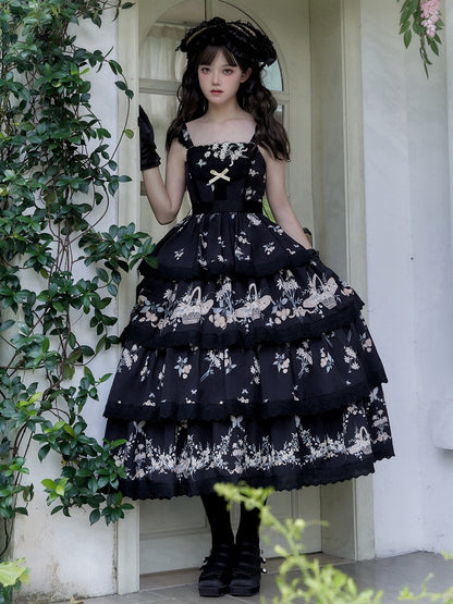 Skirt Classic and Lolita Tiered Jumper Print Floral Lily Dress Cherry Black