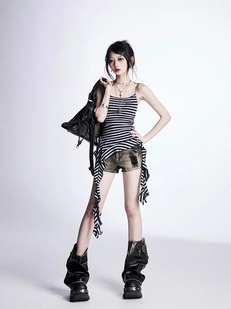 Vintage Black  Grey Stripes Cascading Ruffle Accents Cami Top