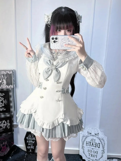 Landmine Style Two-Piece Set in Blue and White with Sailor Collar Cutout Shoulder Pleated Dress and Shorts - Broken Bear
