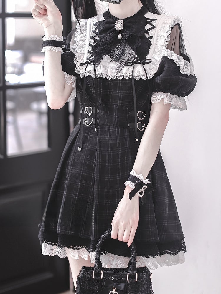 Trim Jirai Pattern Open in Dress Kei Plaid Lace White Shoulder with Lace-up Black Neckline