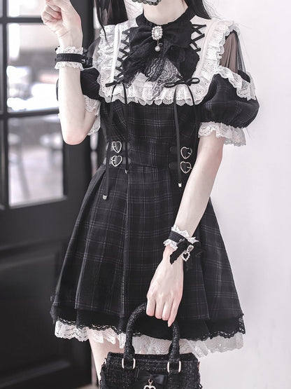 Trim Jirai Pattern Open in Dress Kei Plaid Lace White Shoulder with Lace-up Black Neckline