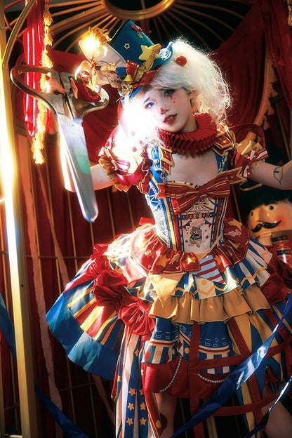 with Skirt Blue Jumper Sweet Dress Bunny Circus Embroidery and Sleeves Detachable Lolita Puff Red