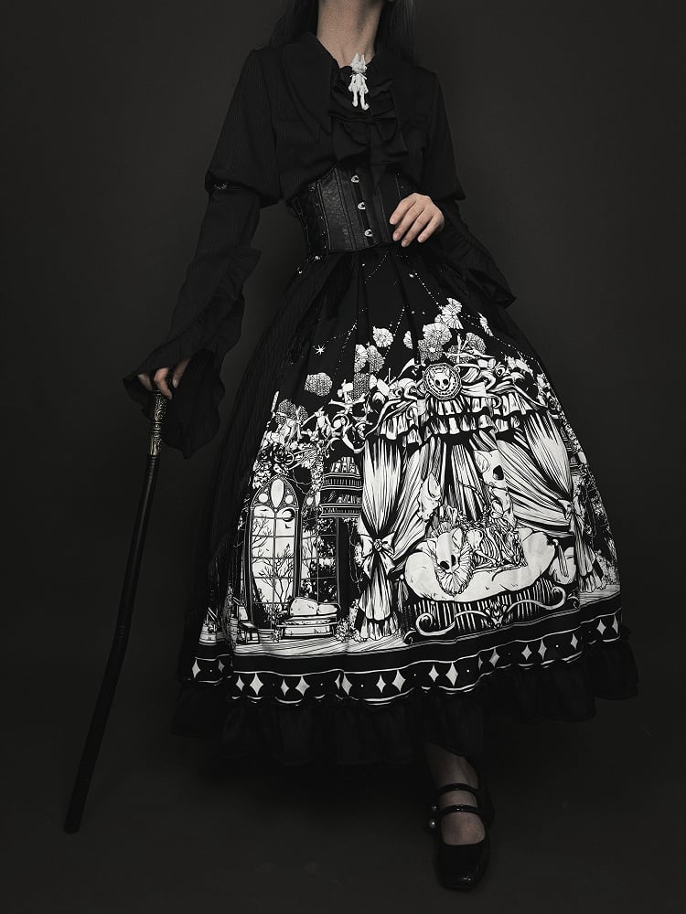 Sizes Cat Dark Plus Skeleton Black Lolita Available Skirt Print Gothic
