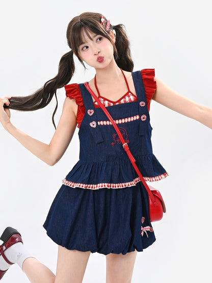 Buttons Faded Wash Denim Bubble Skirt Plaid Blue Elastic Waist