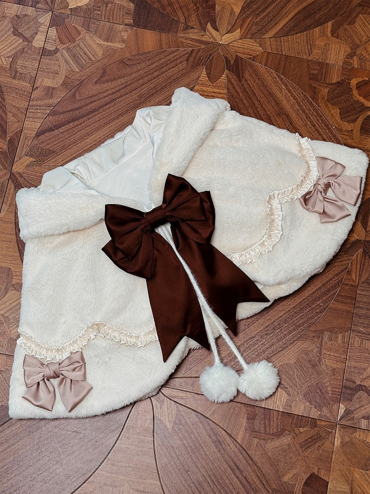 White Bunny Ears Hooded Lolita Cape with Brown Bows Pom-poms - Twin Bear Original Design