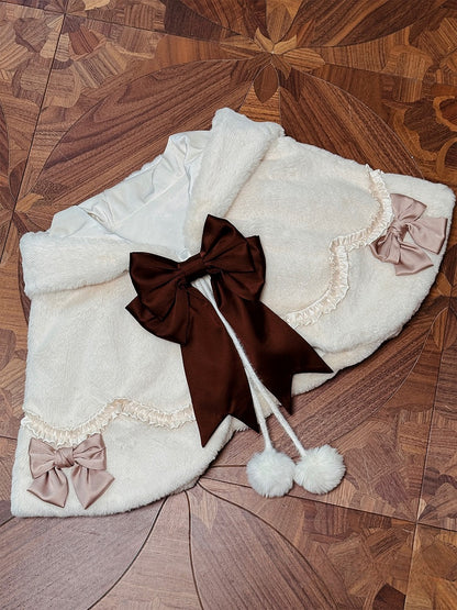 White Bunny Ears Hooded Lolita Cape with Brown Bows Pom-poms - Twin Bear Original Design