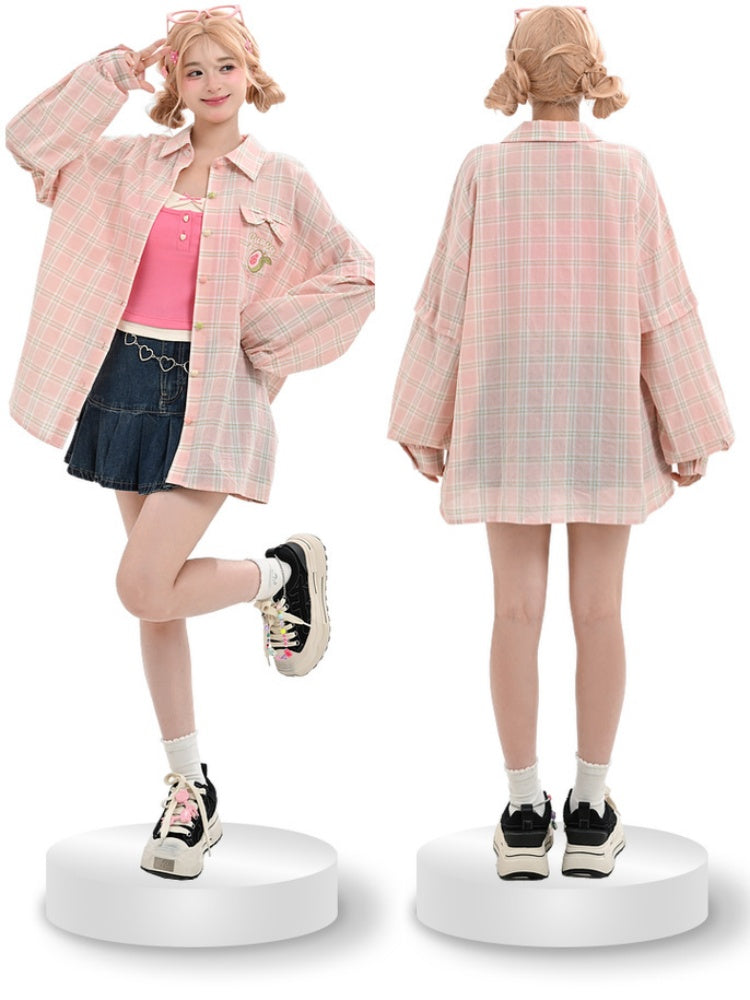 ピンクボタン、グリーンプラケット、グアバ刺繍、ハート柄、取り外し可能な袖付きチェックシャツ