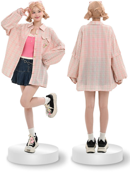 ピンクボタン、グリーンプラケット、グアバ刺繍、ハート柄、取り外し可能な袖付きチェックシャツ