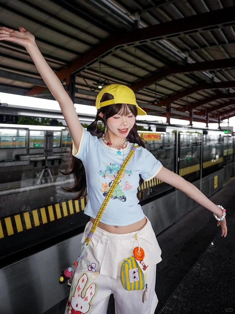 ウエストワイドレッグジーンズ カートゥーンバニープリント ホワイト ローカット