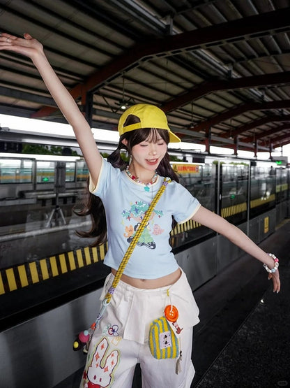 Free Necklace Cartoon Girl Print Blue Round Neck Cropped T-shirt with