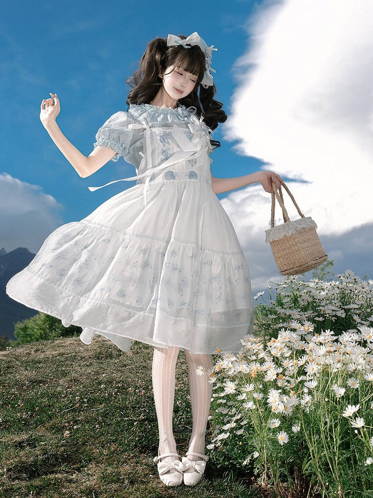 Sleeveless Tie Strap Shell Embroidered Dress in White and Blue - Yimu Walnut