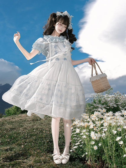 Sleeveless Tie Strap Shell Embroidered Dress in White and Blue - Yimu Walnut